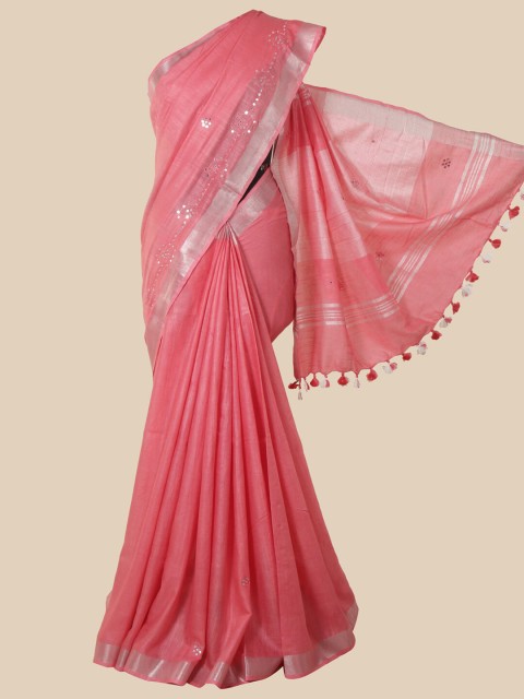 

Pothys Pink & Silver-Toned Mirror Work Jute Cotton Saree