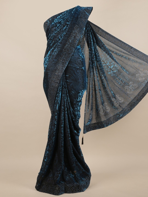 

Pothys Navy Blue & White Floral Beads and Stones Jute Silk Saree
