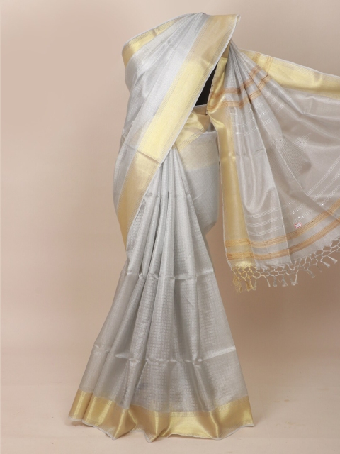 

Pothys Silver-Toned & Gold-Toned Woven Design Zari Tissue Saree