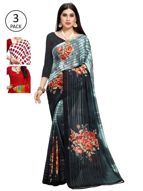 

KALINI Set Of 3 Multicoloured Poly Georgette Floral Printed Sarees, Multi
