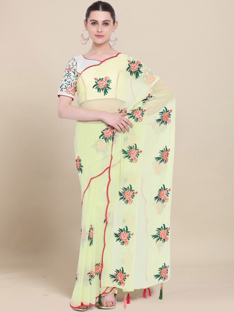 

Kvsfab Lime Green & Orange Floral Embroidered Saree