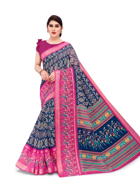 

KALINI Navy Blue & Pink Ethnic Motifs Ikat Polycotton Saree