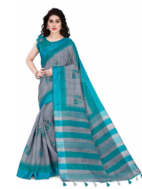 

KALINI Grey & Turquoise Blue Cotton Saree