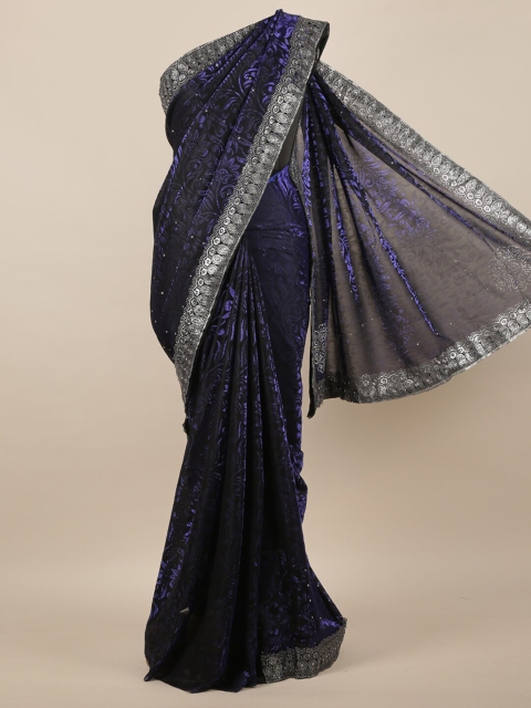 

Pothys Navy Blue & Black Floral Beads and Stones Jute Silk Saree