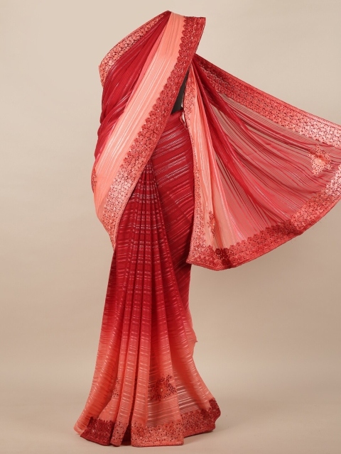 

Pothys Maroon & Peach-Coloured Striped Embroidered Poly Chiffon Saree