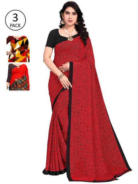 

KALINI Pack of 3 Poly Georgette Saree, Red