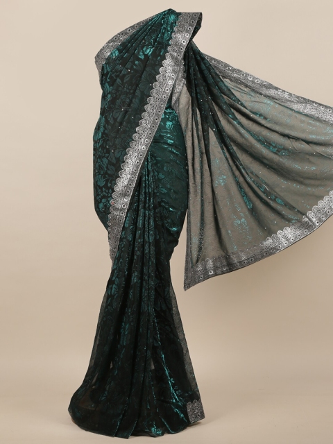 

Pothys Green & Silver-Toned Woven Design Embroidered Jute Silk Saree