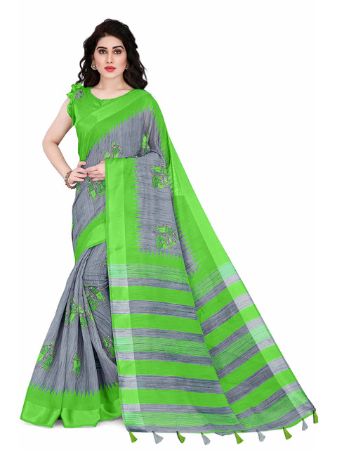 

KALINI Grey & Green Ethnic Motifs Polycotton Saree