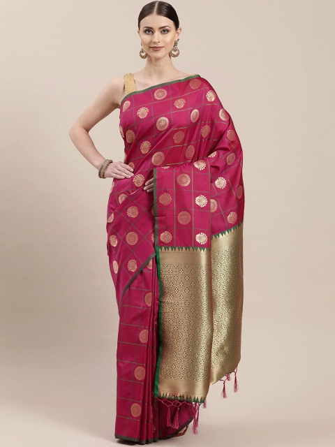 

Mitera Magenta & Gold-Toned Ethnic Motifs Zari Silk Blend Banarasi Saree