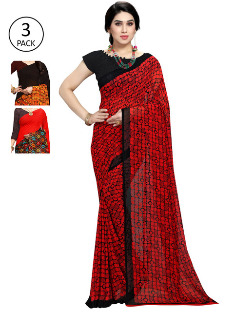 

KALINI Pack Of 3 Sarees, Red