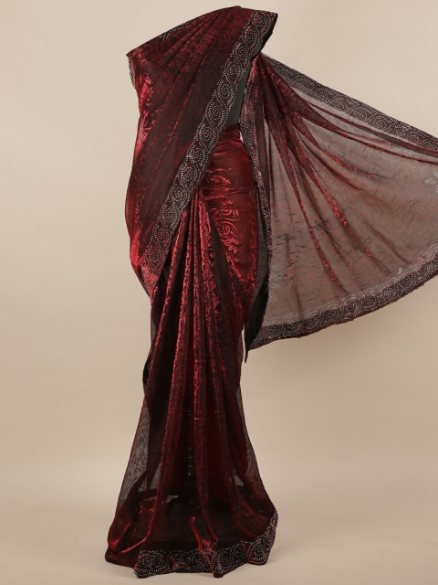 

Pothys Maroon & White Woven Design Beads and Stones Jute Silk Saree