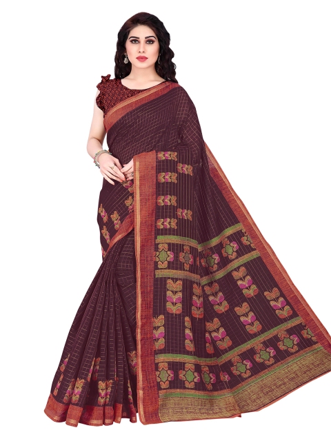 

KALINI Burgundy Checked Zari Polycotton Saree