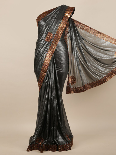 

Pothys Grey & Bronze-Toned Embellished Jute Silk Bhagalpuri Saree