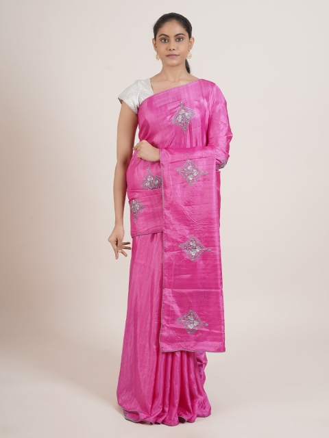 Pothys Pink & Grey Ethnic Motifs Embroidered Art Silk Saree
