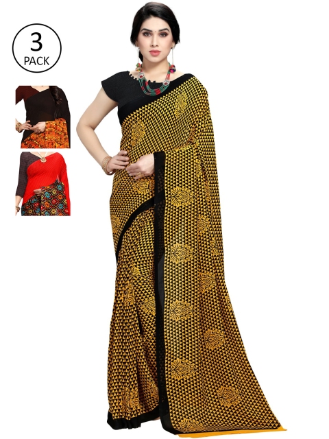 

KALINI Pack of 3 Poly Georgette Sarees, Yellow