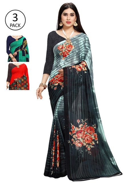 

KALINI Women Pack Of 3 Printed Sarees, Green