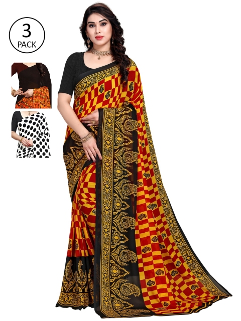 

KALINI Set of 3 Yellow, White & Brown Printed Sarees