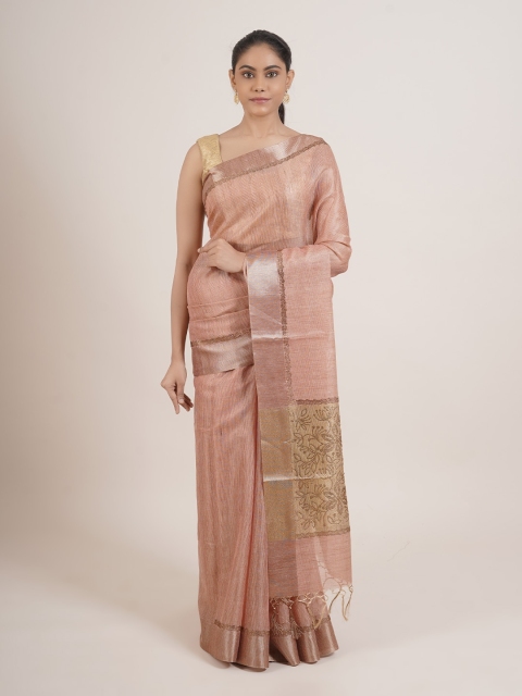 

Pothys Pink & Gold-Toned Embellished Beads and Stones Tissue Saree