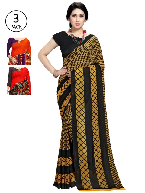 

KALINI Women Pack of 3 Multicolor Poly Georgette Printed Saree, Red