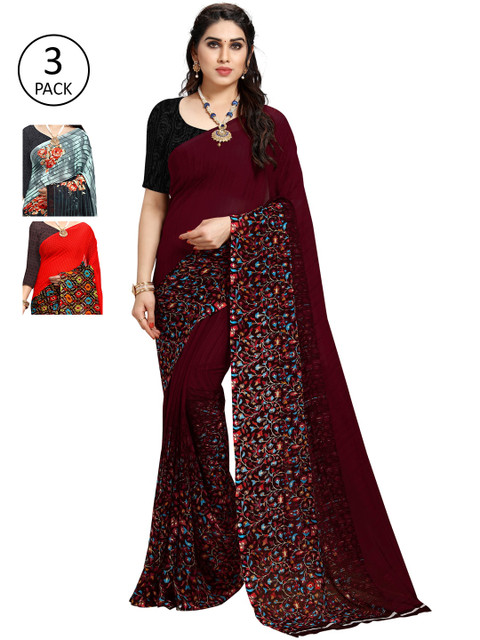 

KALINI Pack of 3 Poly Georgette Sarees, Grey