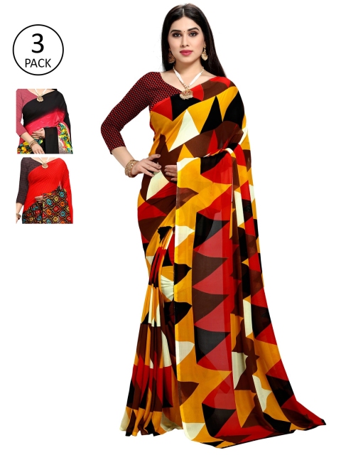 

KALINI Pack of 3 Poly Georgette Sarees, Red