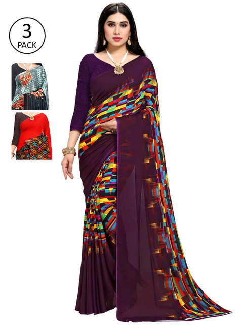 

KALINI Red & Purple Floral Pack of 3 Printed Sarees