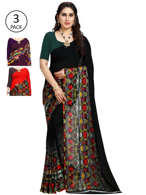 

KALINI Pack of 3 Poly Georgette Saree, Red
