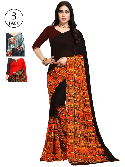 

KALINI Pack of 3 Poly Georgette Sarees, Red