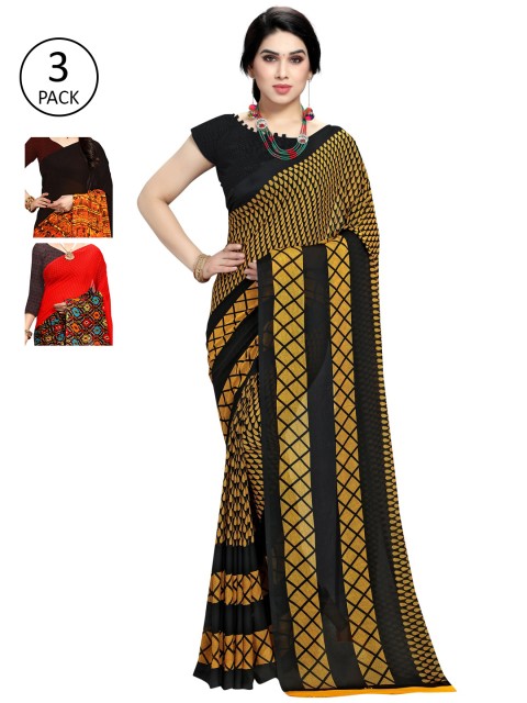 

KALINI Pack of 3 Poly Georgette Sarees, Red