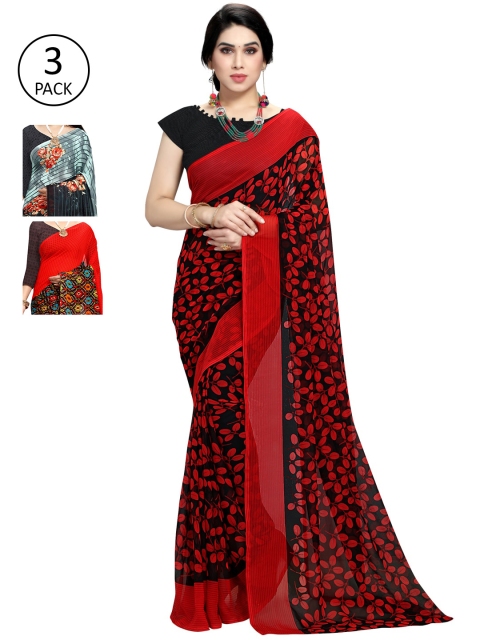 

KALINI Pack of 3 Poly Georgette Sarees, Red