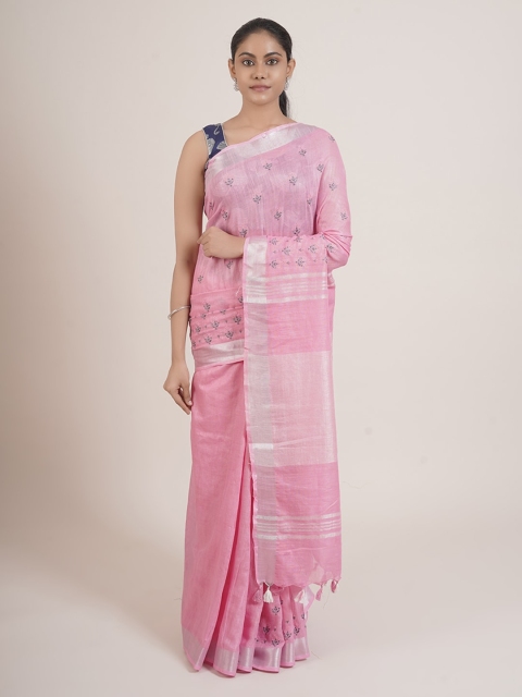 

Pothys Pink & Silver-Toned Floral Zari Linen Blend Saree