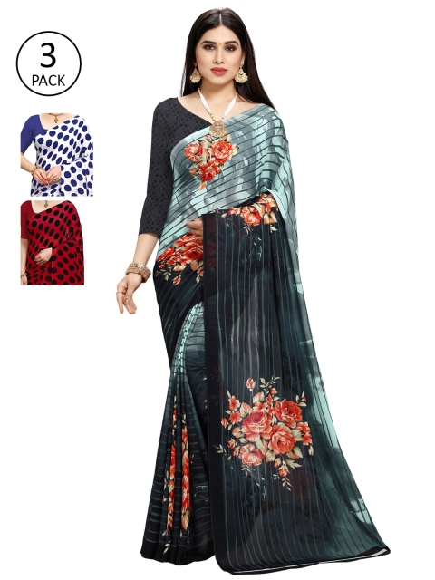 KALINI Pack of 3 Printed Sarees, Red