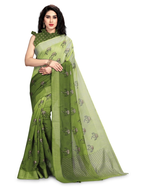 

KALINI Green & Pink Ethnic Motifs Zari Polycotton Saree