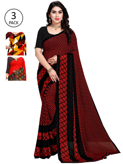 

KALINI Pack Of 3 Printed Poly Georgette Sarees, Red
