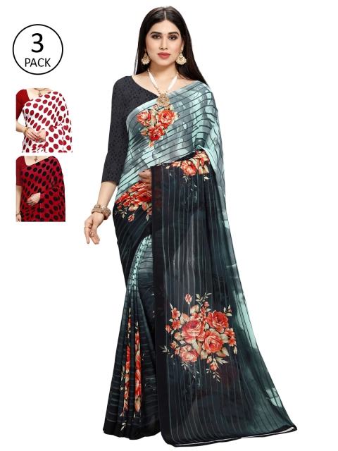 

KALINI Pack of 3 Printed Sarees, White