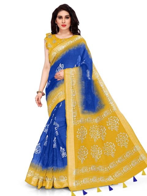 

KALINI Blue & Mustard Yellow Ethnic Motifs Polycotton Saree