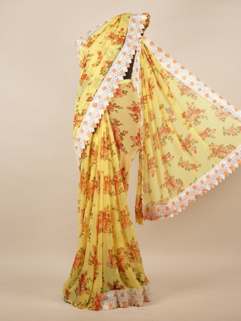 

Pothys Yellow Floral Poly Chiffon Saree