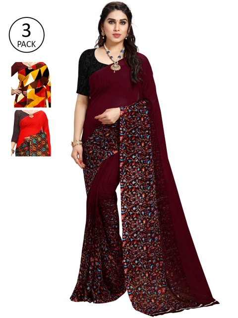 

KALINI Pack of 3 Poly Georgette Saree, Red
