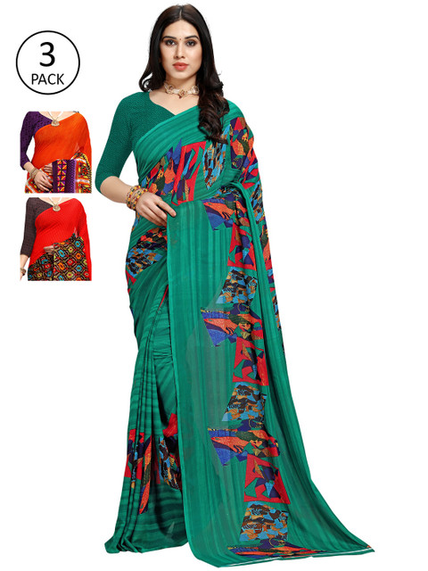 

KALINI Pack of 3 Printed Sarees, Red
