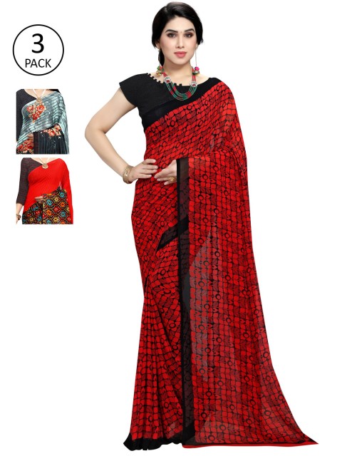 

KALINI Pack of 3 Poly Georgette Sarees, Green