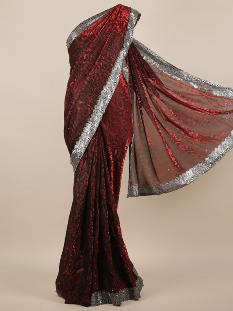 

Pothys Maroon & Silver-Toned Floral Jute Silk Saree