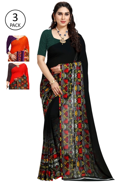 

KALINI Women Pack of 3 Multicolor Poly Georgette Printed Saree, Red
