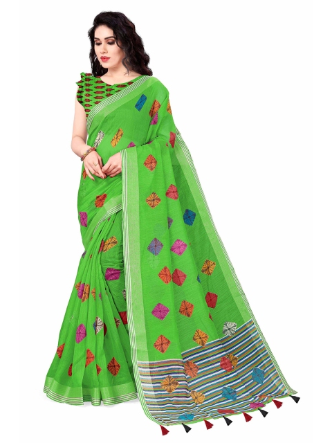 

KALINI Green & Orange Bandhani Zari Bandhani Polycotton Saree