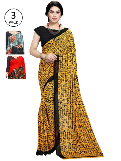 

KALINI Women Pack Of 3 Printed Sarees, Red
