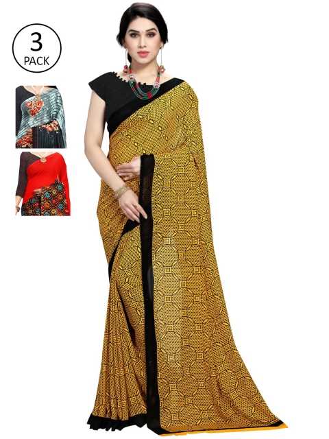 

KALINI Pack of 3 Poly Georgette Sarees, Black