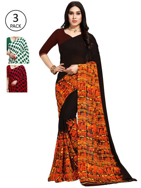 

KALINI Pack of 3 Printed Sarees, Red
