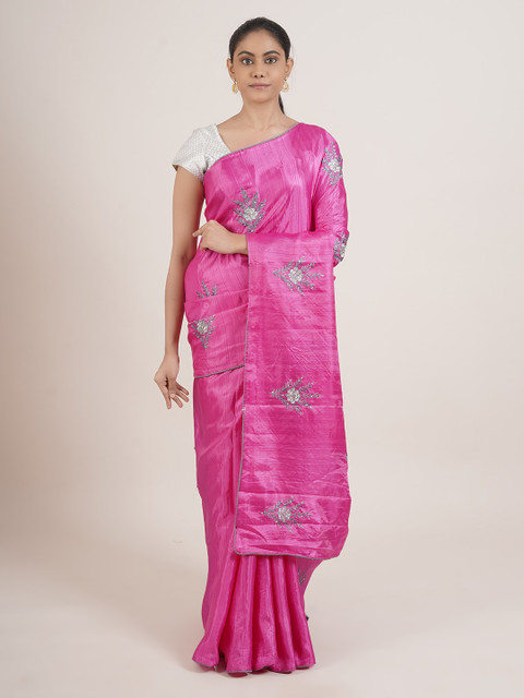 

Pothys Pink & Grey Embellished Embroidered Art Silk Saree