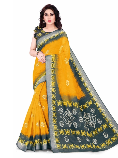 

KALINI Mustard & Grey Ethnic Motifs Zari Polycotton Saree
