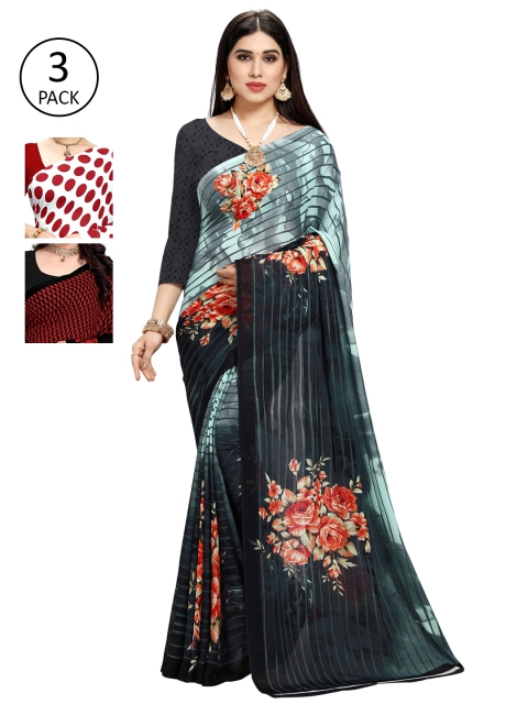 

KALINI Set Of 3 Multicoloured Poly Georgette Floral Printed Sarees, Multi