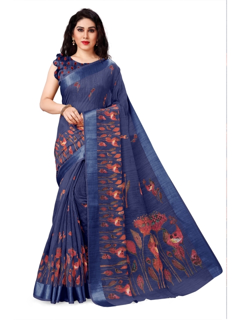 

KALINI Navy Blue & Brown Floral Polycotton Bagh Saree